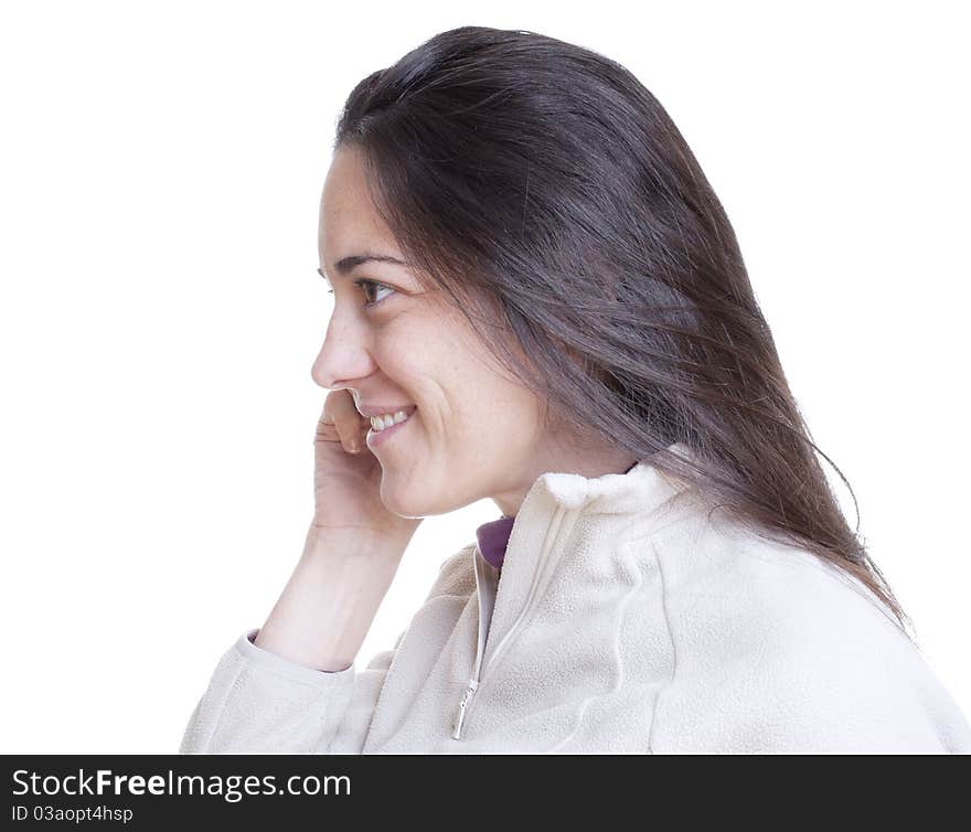 Woman talking on her mobile on white background