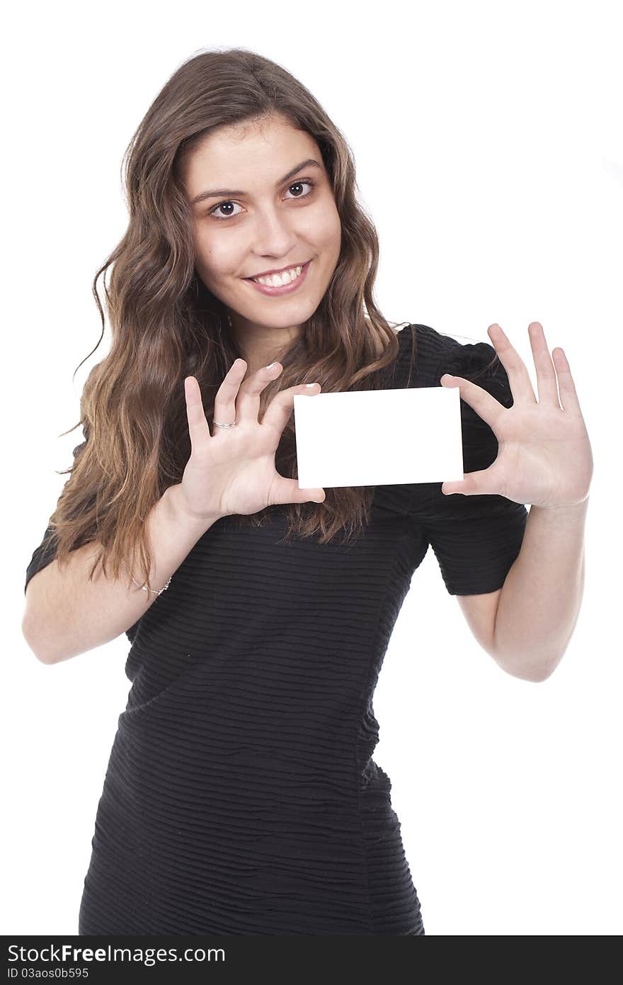 A beautiful and smiling woman holding an empty card