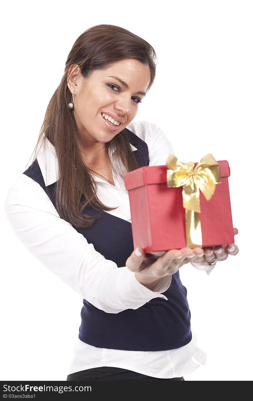 Woman holding a gift red box