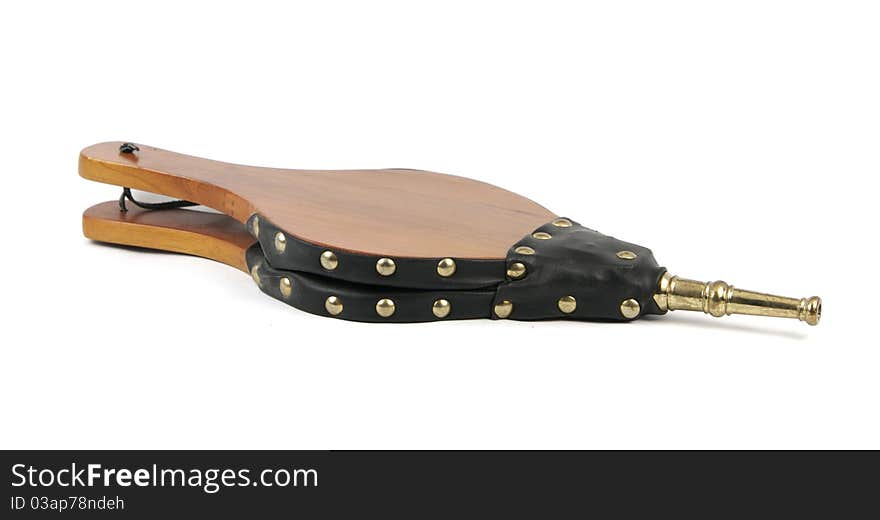 Wood and black leather fireplace bellows with strap. Wood and black leather fireplace bellows with strap