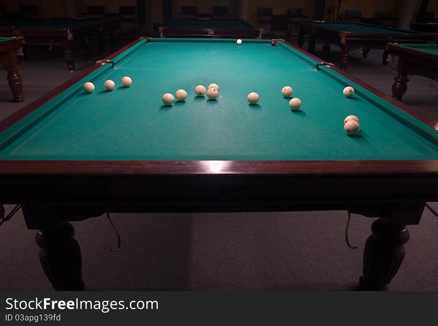 Billiard table with balls on the green baize