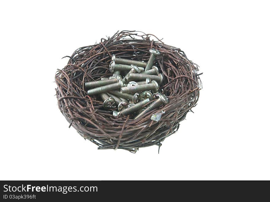 Screws in bird nest isolated on white