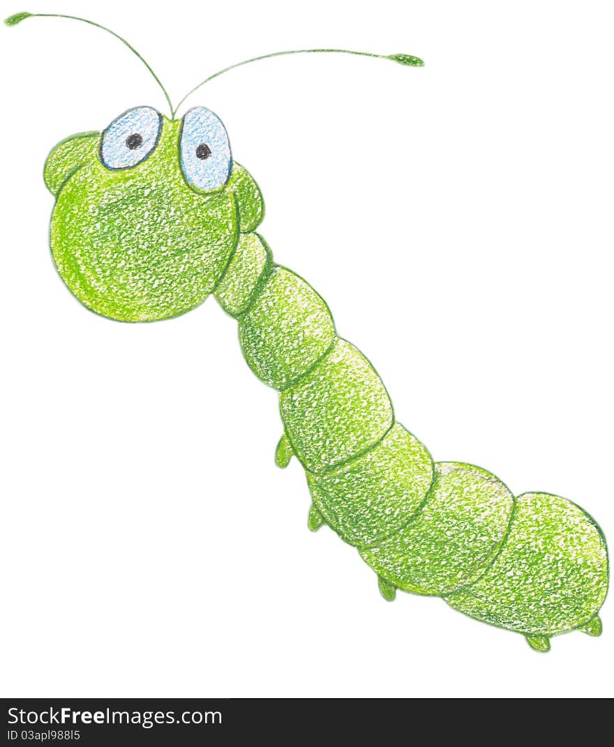 Green caterpillar on white background, the illustration for yours design, postcard, album, cover, scrapbook, etc.