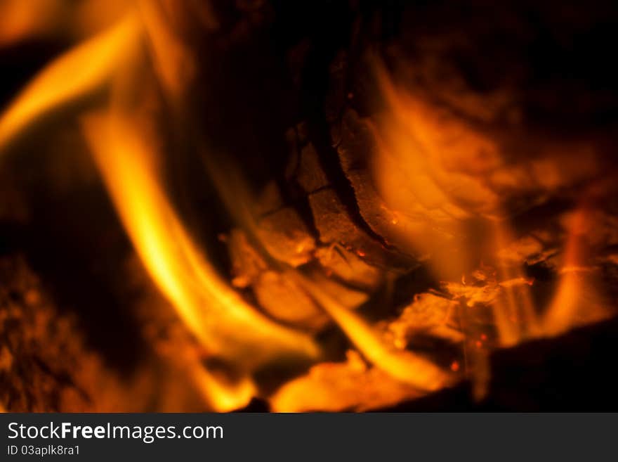 Fire in the fireplace, close-up of flaming logs