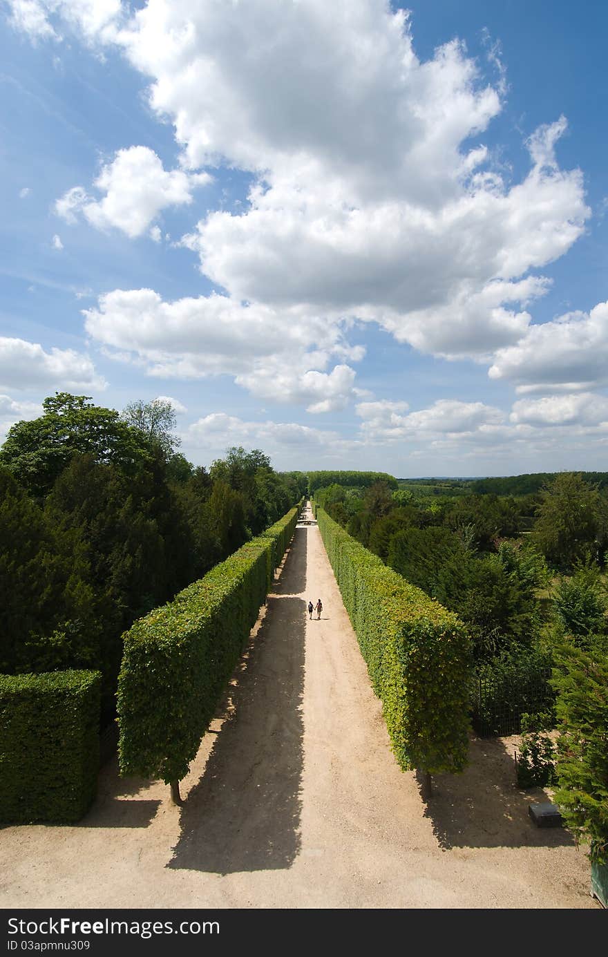 The garden and alley of versailles palace, paris, france.