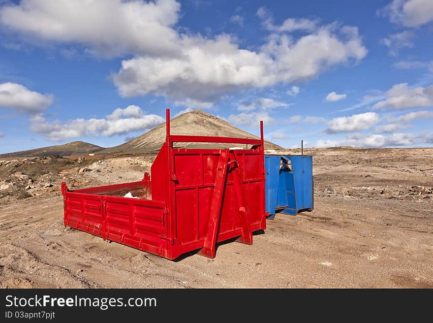 Loading platform for lorry in volcanic area in red and blue in harmony