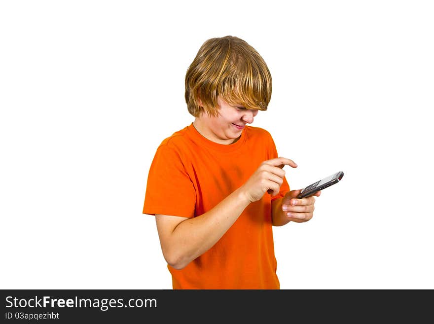 Boy is using the mobile and speaks