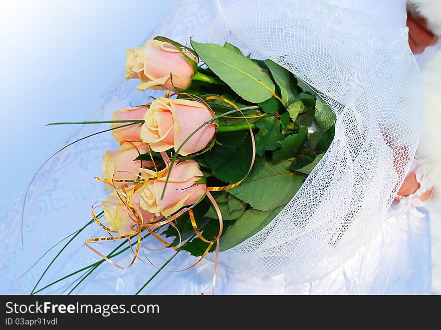 A bride holds her bouquet of pink roses. A bride holds her bouquet of pink roses