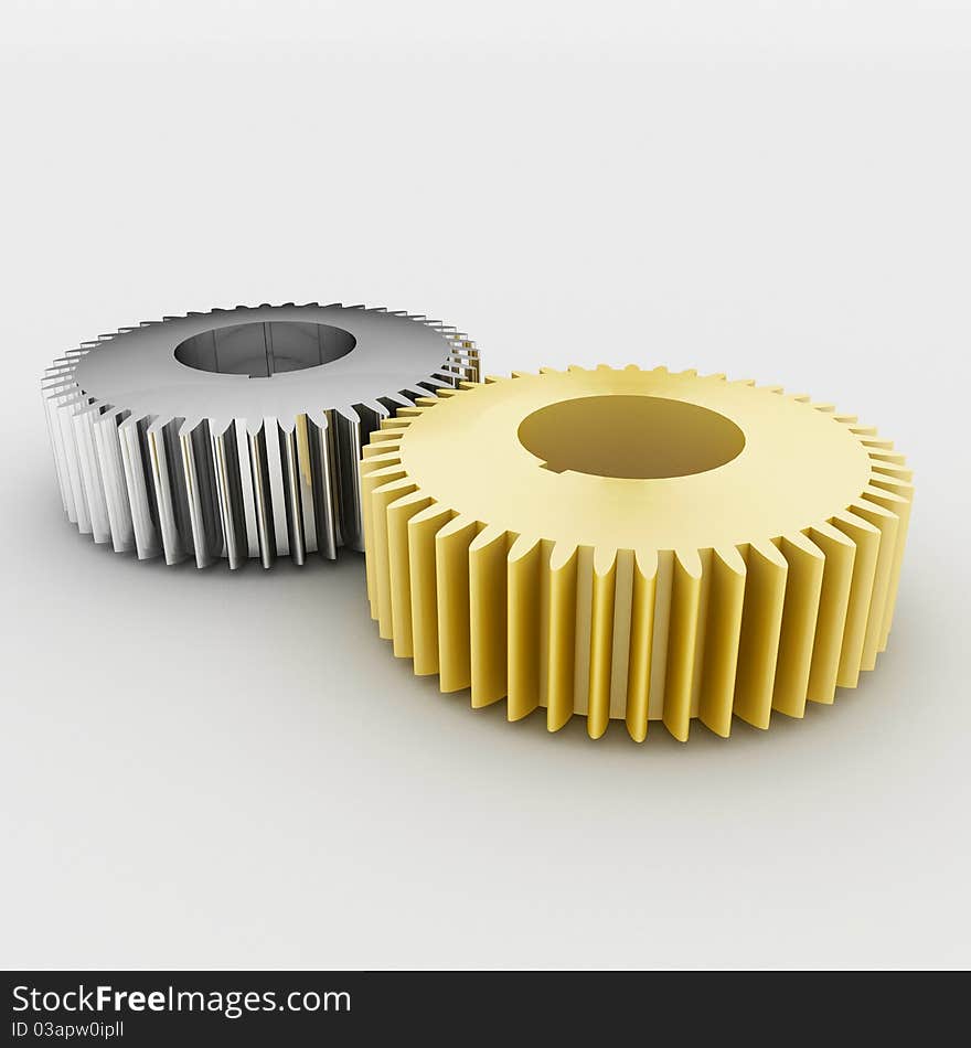 A group of 3d maded gears on a grey background.