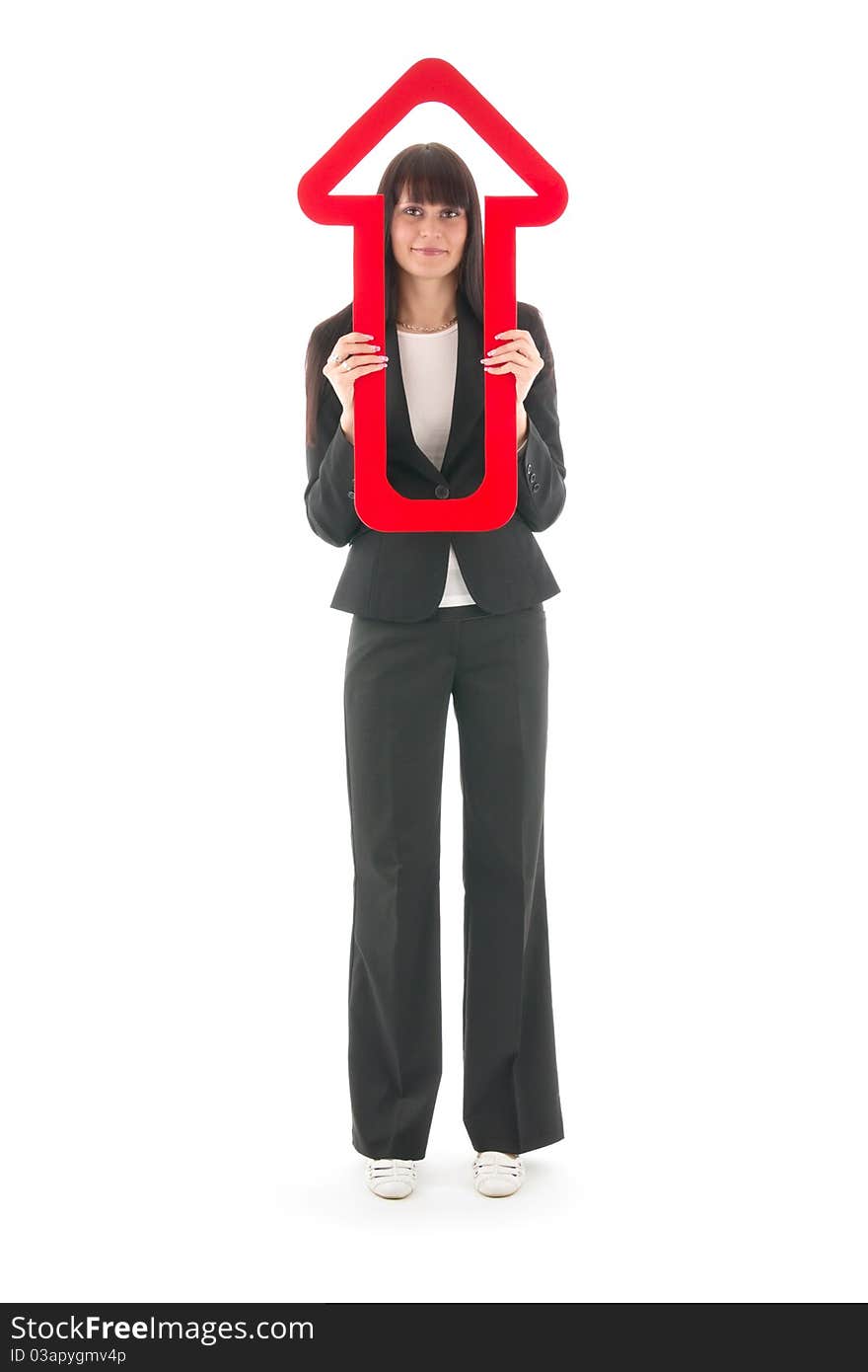 Businesswoman directory red arrow, on white background. Businesswoman directory red arrow, on white background.