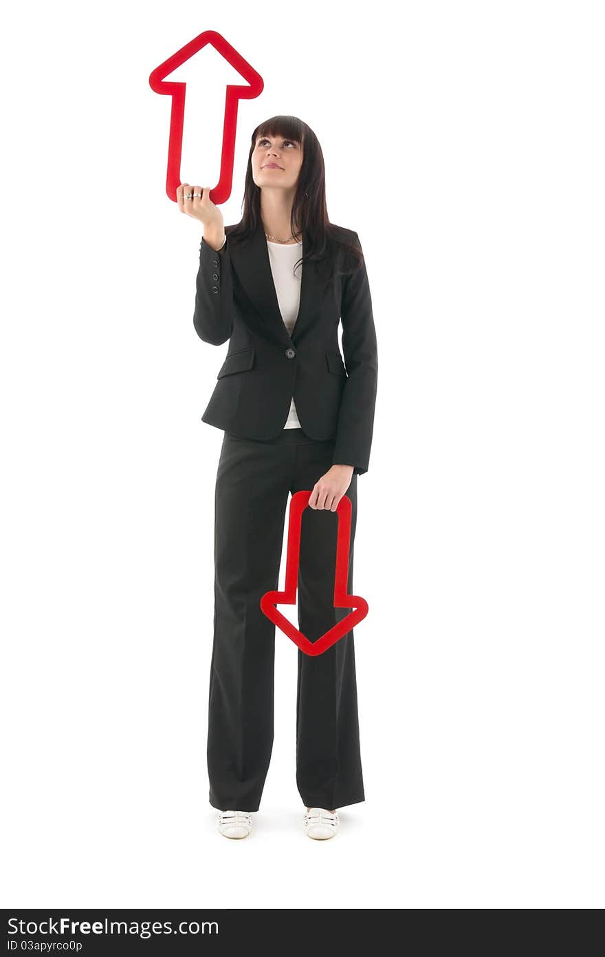 Businesswoman with two red arrow one upward and alternative down, on white background. Businesswoman with two red arrow one upward and alternative down, on white background.