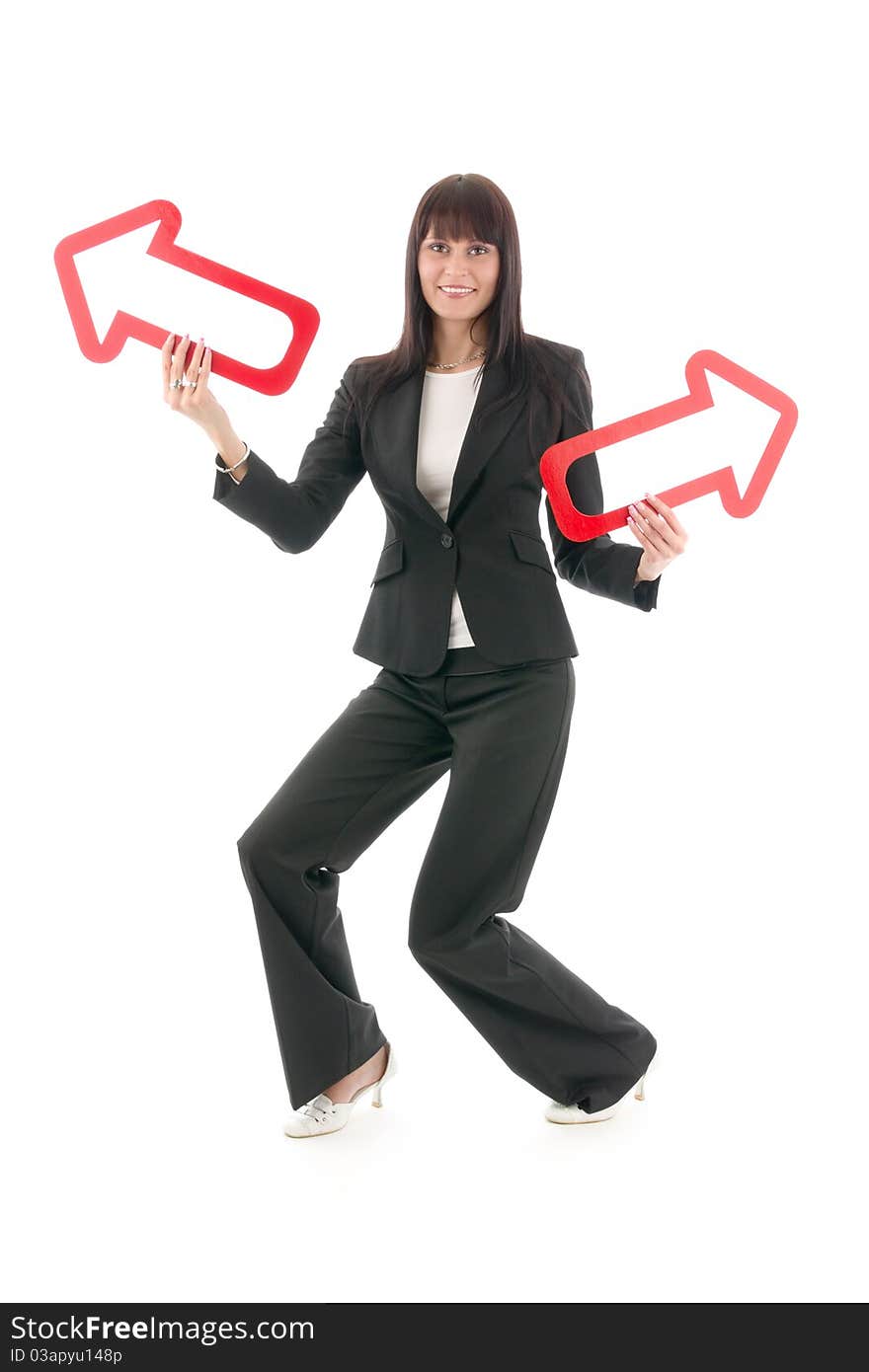 Businesswoman directory red arrow, on white background. Businesswoman directory red arrow, on white background.