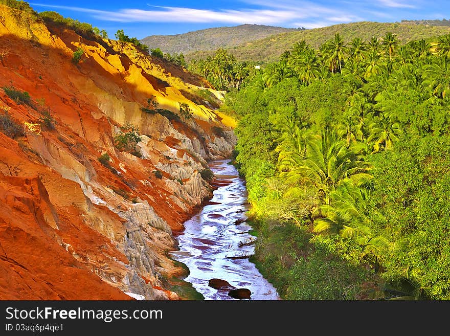 On the photo: Picturesque tropic landscape with river.