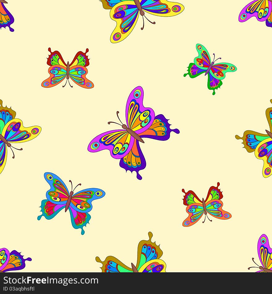 Vector seamless background, multi-coloured butterflies with opened wings. Vector seamless background, multi-coloured butterflies with opened wings