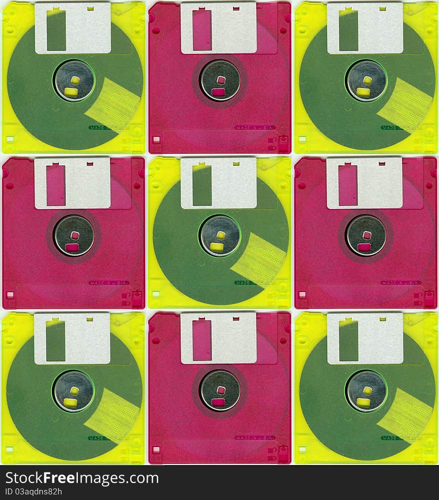 Collage whit red and yellow micro floppy disc. Collage whit red and yellow micro floppy disc