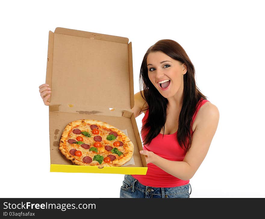 Pretty young casual girl with tasty pizza in delivery paper box. isolated on white background. Pretty young casual girl with tasty pizza in delivery paper box. isolated on white background