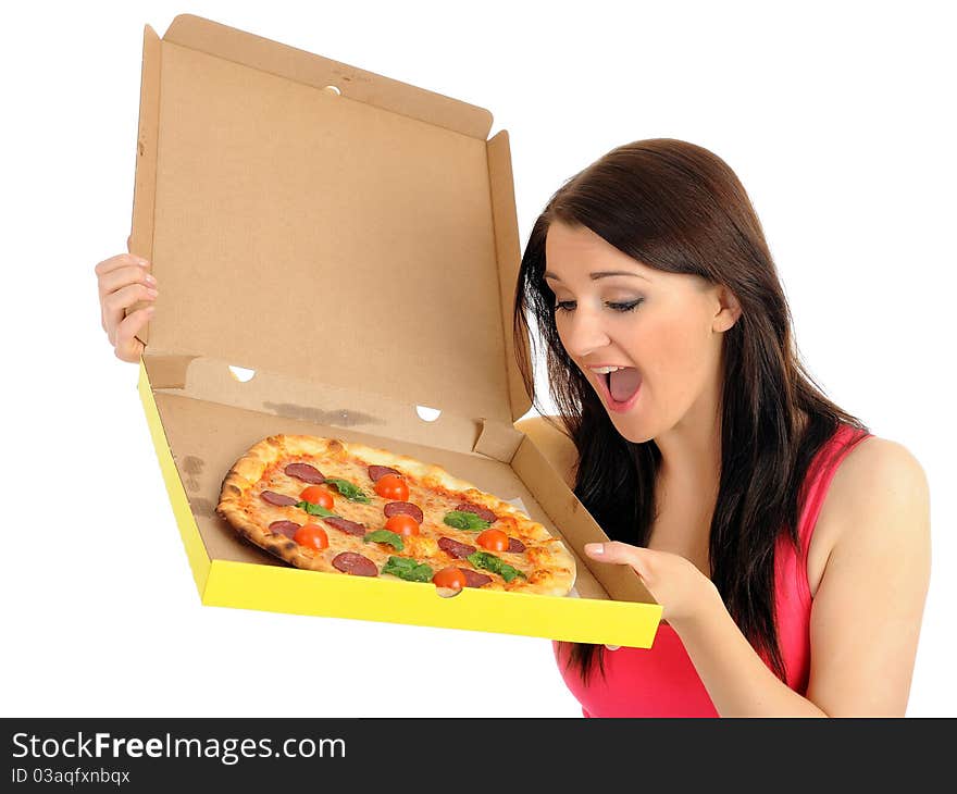 Pretty young casual girl with tasty pizza in delivery paper box. isolated on white background. Pretty young casual girl with tasty pizza in delivery paper box. isolated on white background