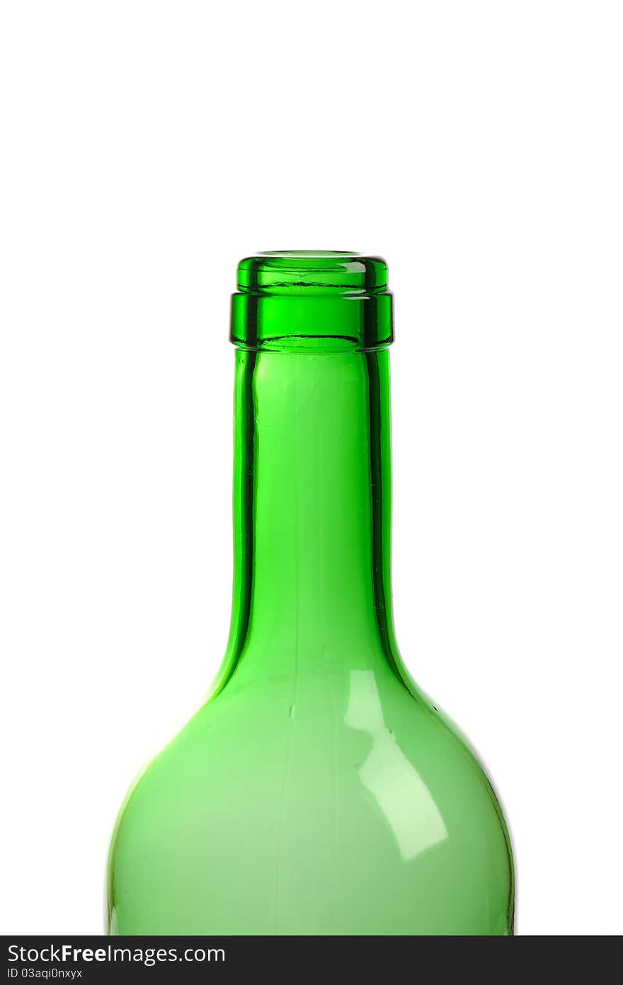 Top of empty green wine bottle isolated over white