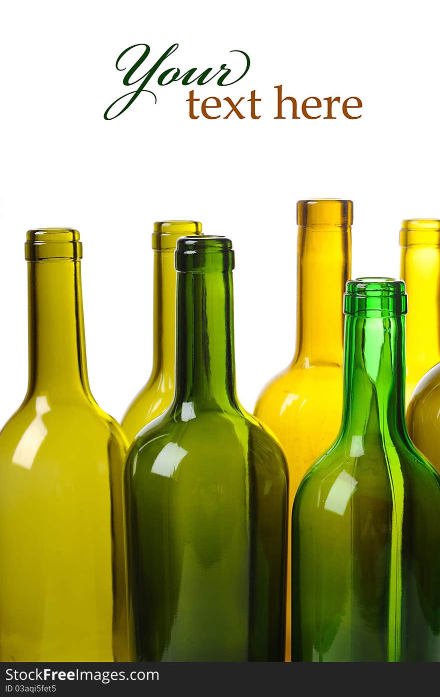Many empty green wine bottles isolated on white background. Many empty green wine bottles isolated on white background