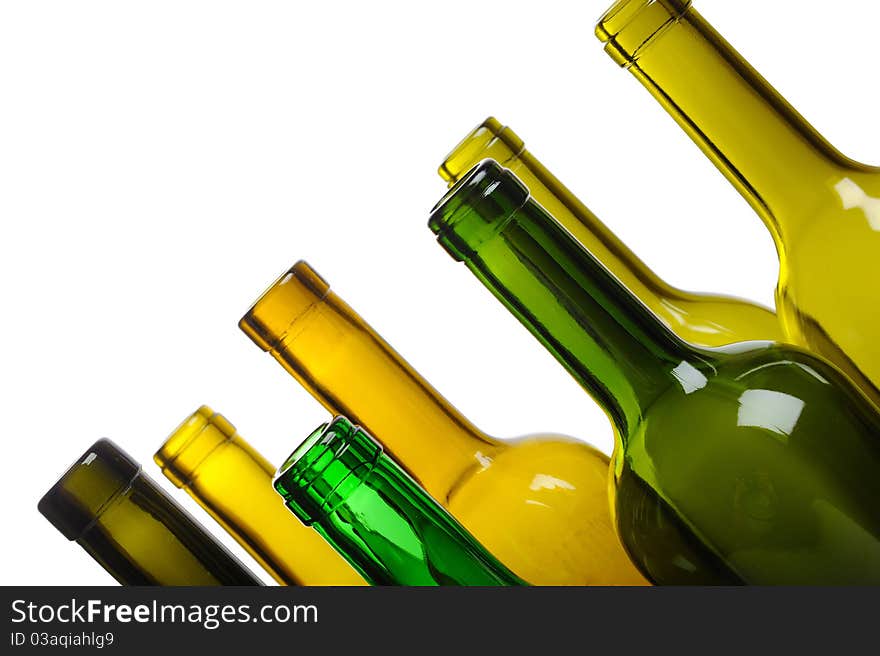 Many empty green wine bottles isolated