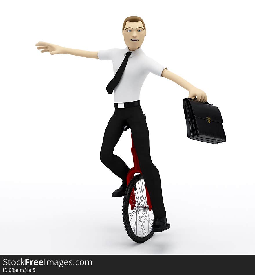 Businessman balancing on unicycle. Conceptual business illustration. On white background