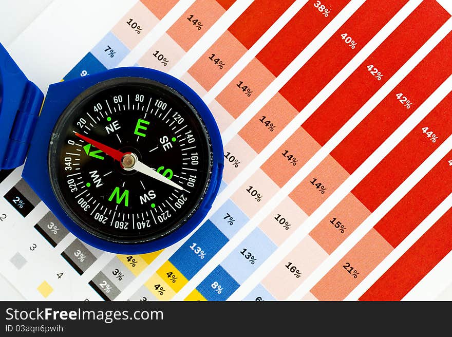 Blue compass and diagram on white paper