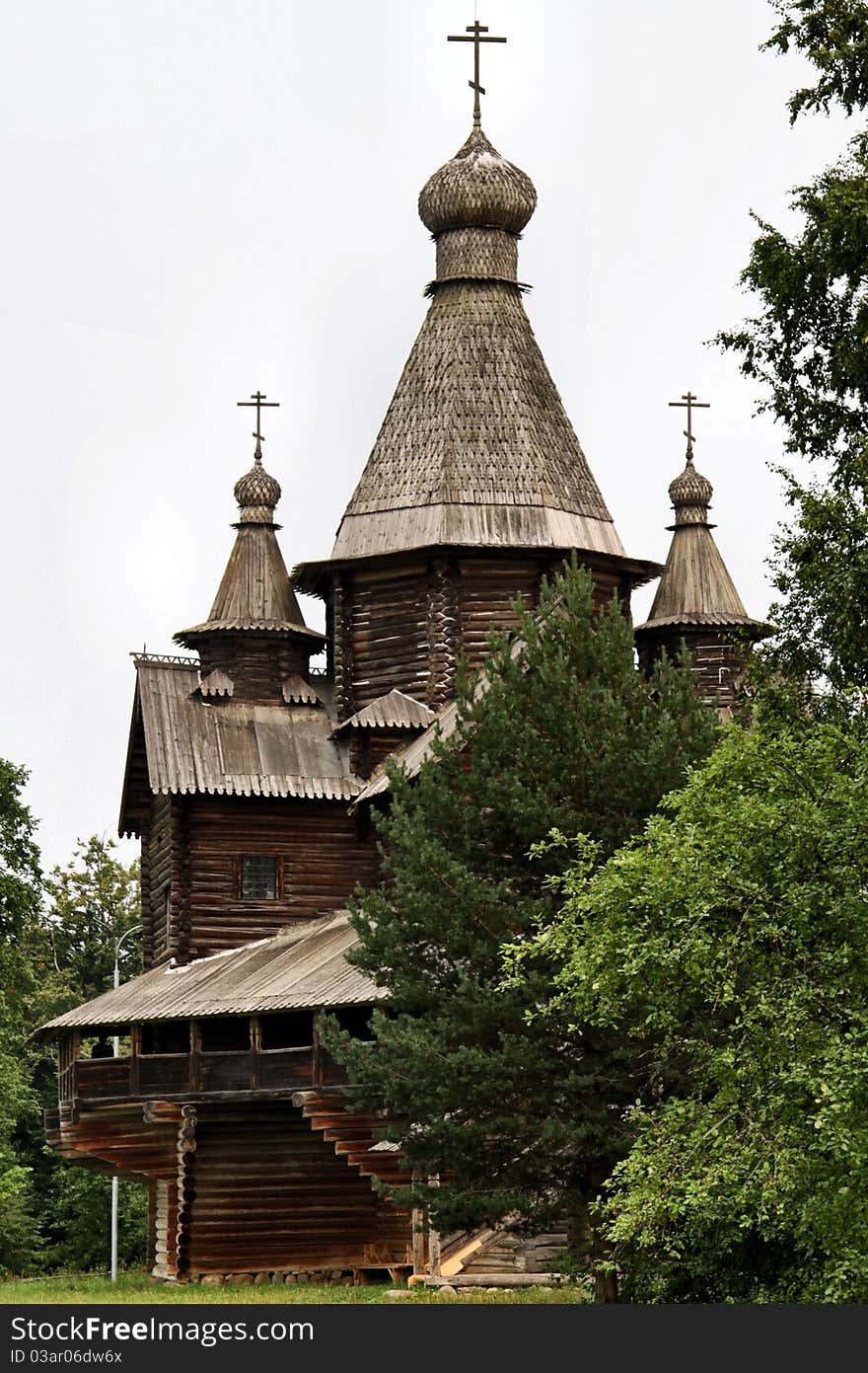 Old wooden Russian orthodox church in open-air museum of wooden architecture in a village called Vitoslavlitsy near Veliky Novgorod, Russia. Old wooden Russian orthodox church in open-air museum of wooden architecture in a village called Vitoslavlitsy near Veliky Novgorod, Russia