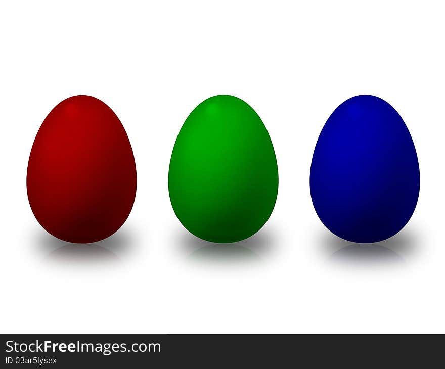 The image shows a red, a green and a blue easter egg over white