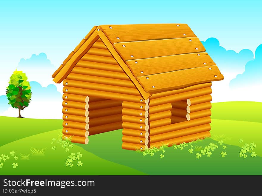 Illustration of wooden home in natural landscape. Illustration of wooden home in natural landscape