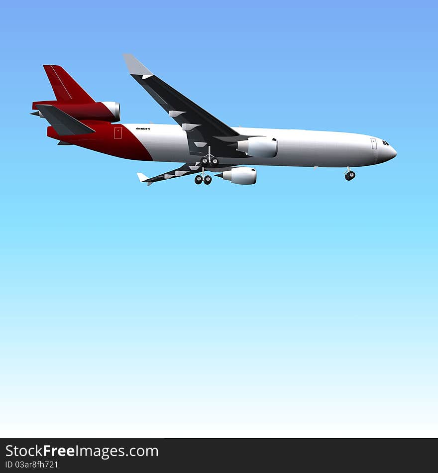 3D rendering of plane flying in blue sky