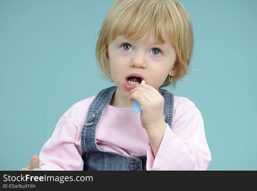 Little white child washing tooth. Little white child washing tooth