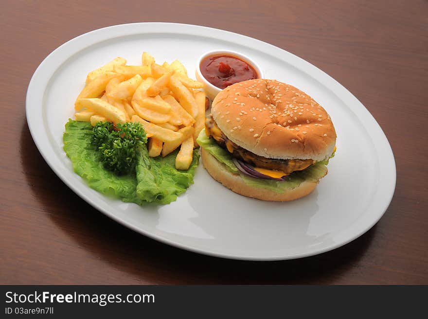 Fast foodburger, French fried potatoes,