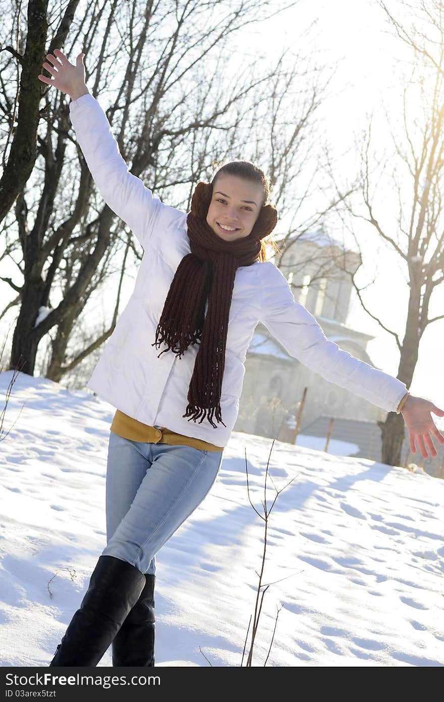 Beautiful brunette resting in winter. Beautiful brunette resting in winter