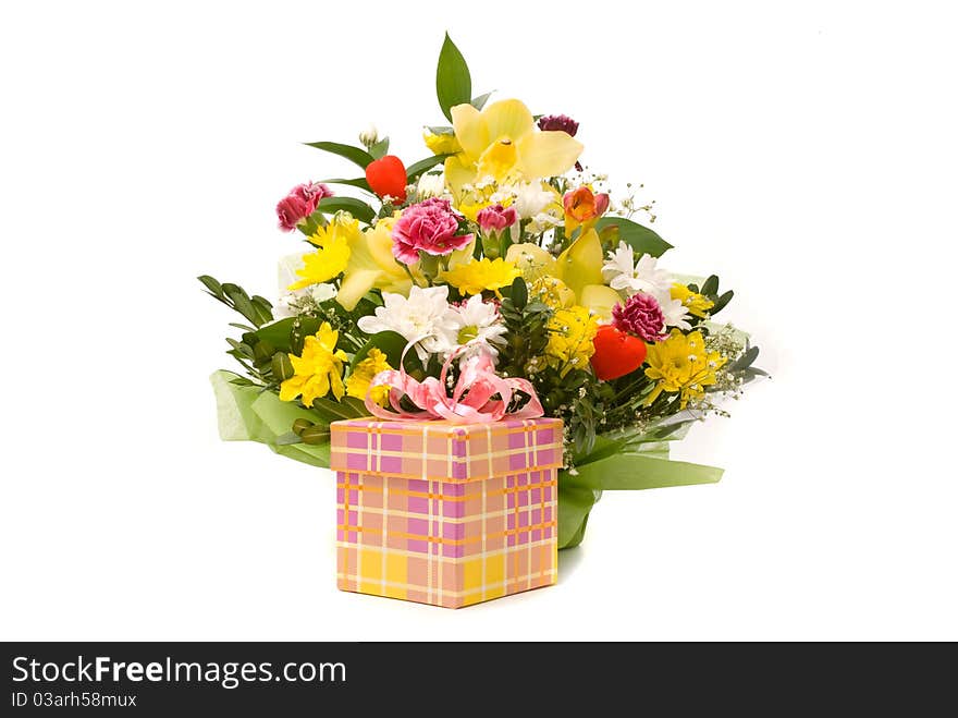 Magnificent bouquet and present box on a white