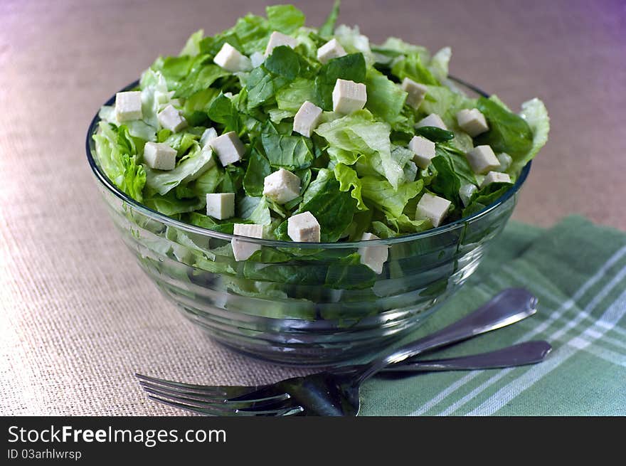 Spinach , Romain Lettuce iand Toffu n a Glass Bowl. Spinach , Romain Lettuce iand Toffu n a Glass Bowl