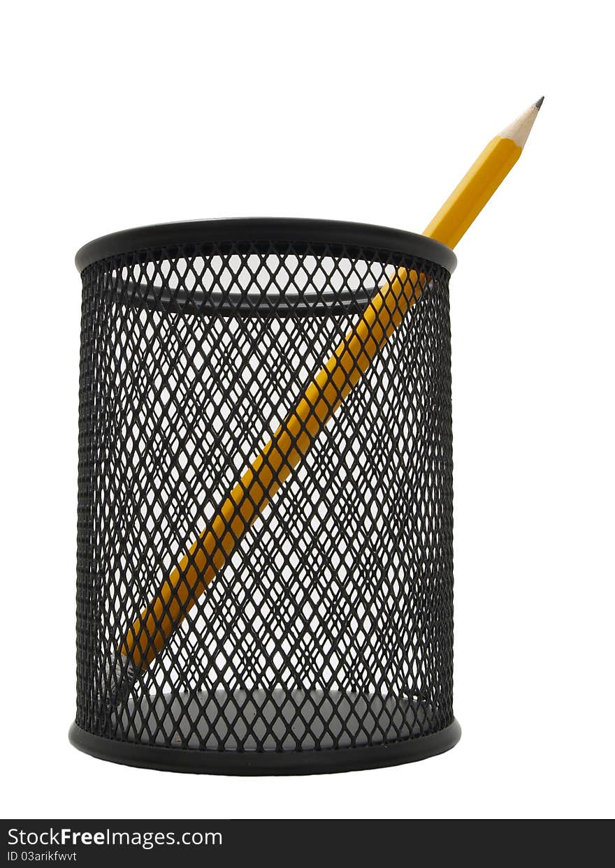 Pencil in a black pot isolated on a pure white background