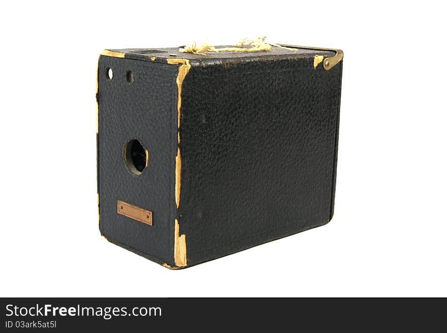 Black vintage box camera with worn edges