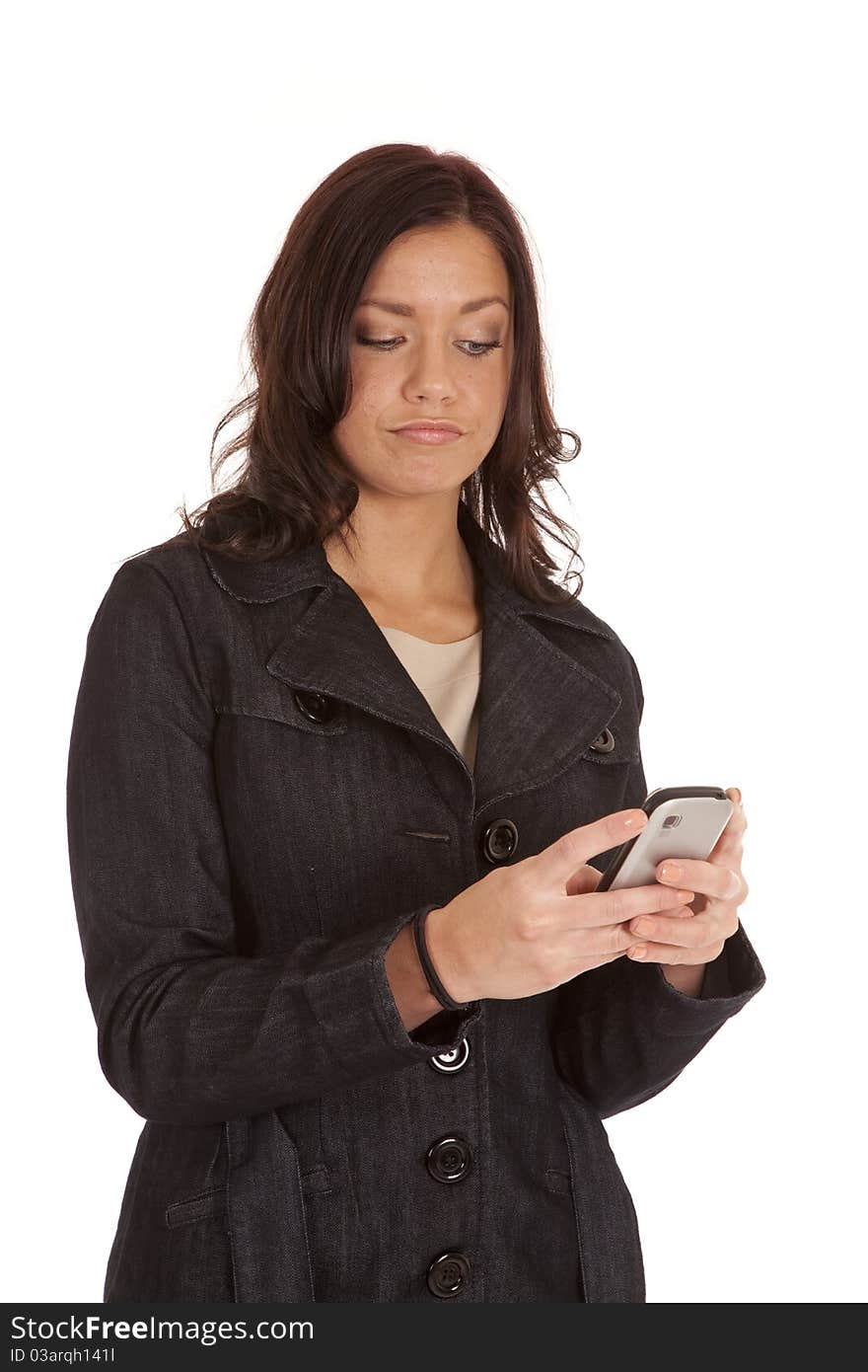 Woman Looking At Text Black Jacket