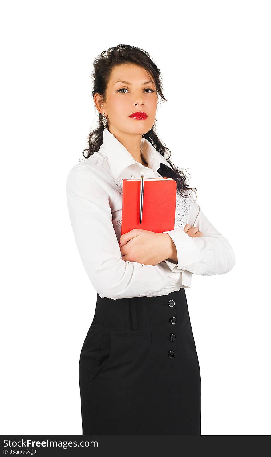 Brunette business woman with organizer isolated on white background