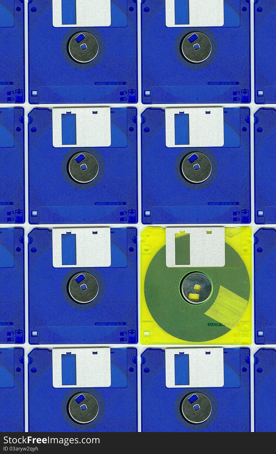 Collage whit blue and yellow micro floppy disc. Collage whit blue and yellow micro floppy disc