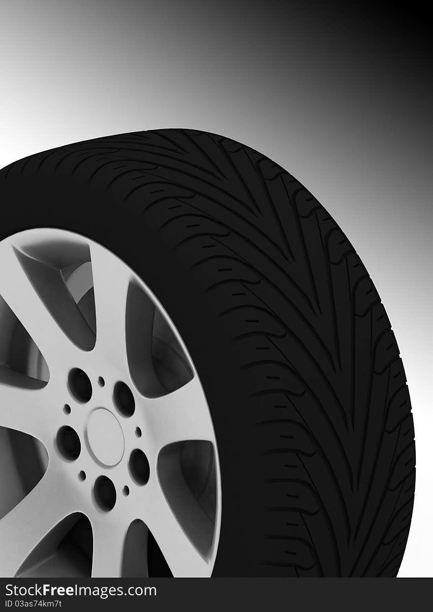 Brand new tire, 3d rendering of car wheel.