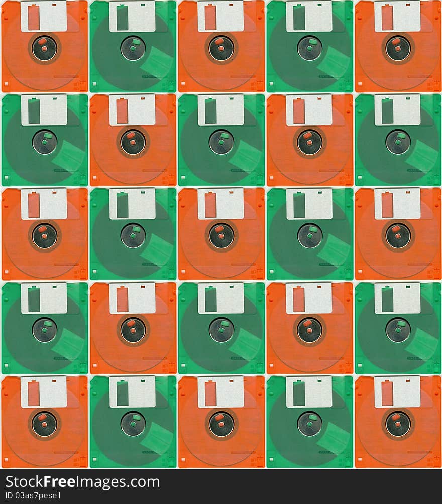 Collage whit green and orange micro floppy disc. Collage whit green and orange micro floppy disc