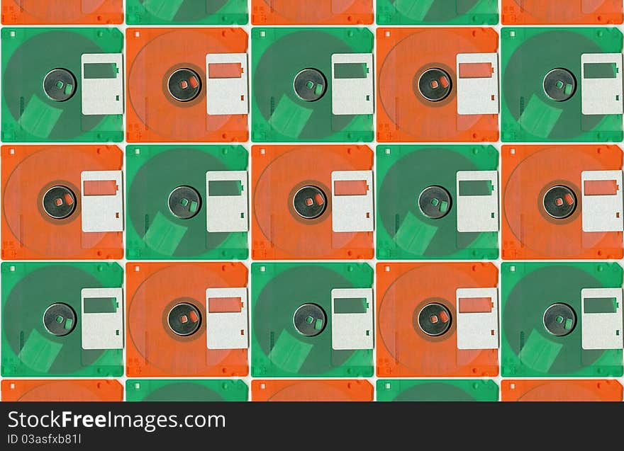 Collage whit green and orange micro floppy disc. Collage whit green and orange micro floppy disc