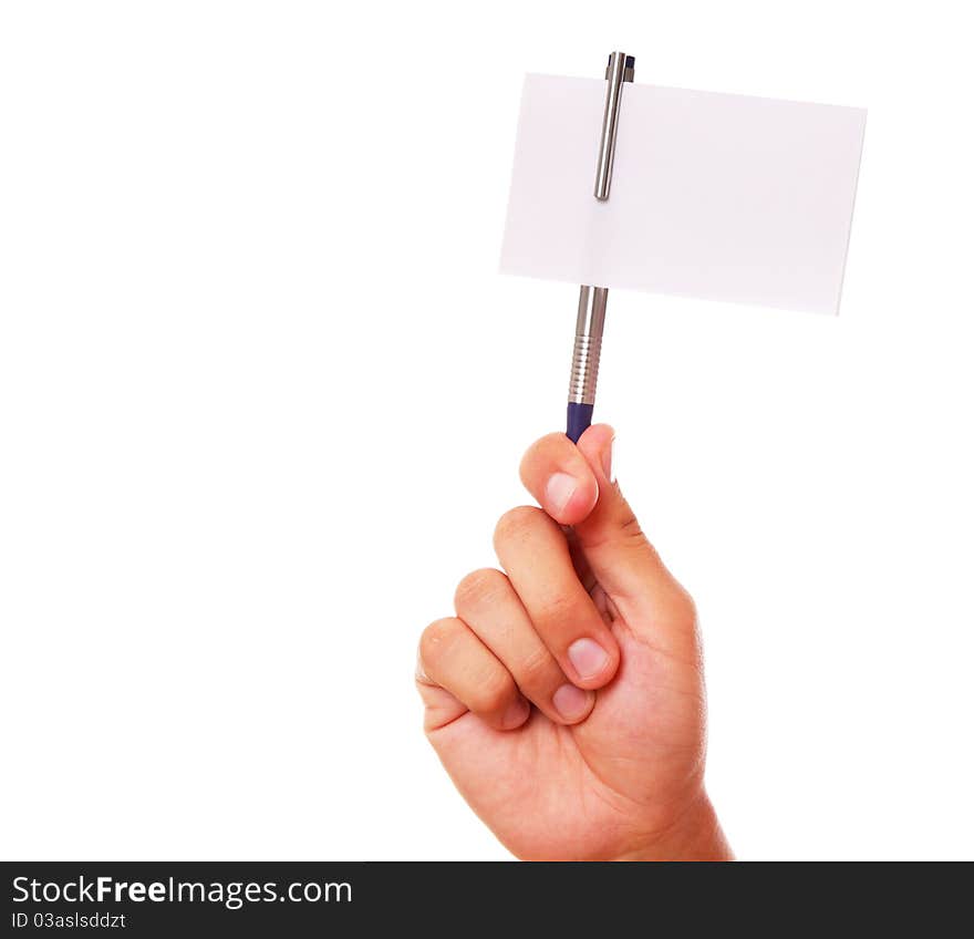 Hand with a pen and a white card and space in blank for insert text or design. Hand with a pen and a white card and space in blank for insert text or design