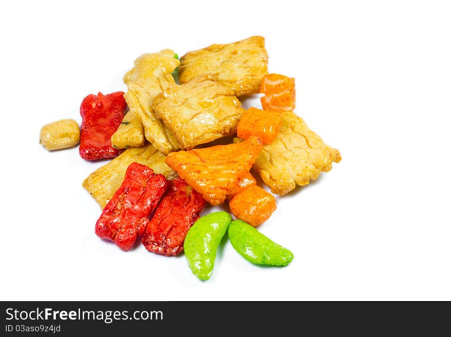 Colorful rice snacks isolated on white background.