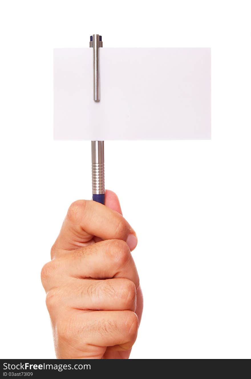 Hand showing a pen and a blank card over white background