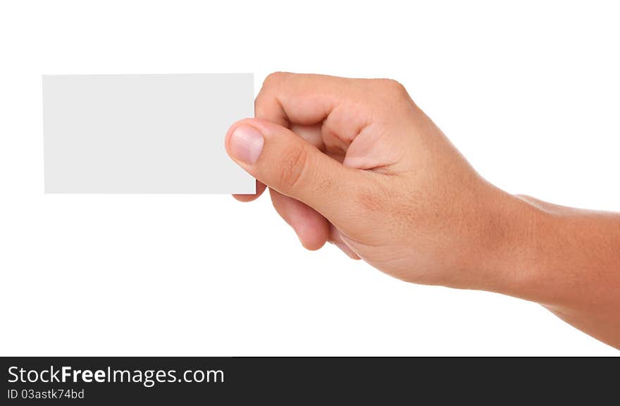 Extended hand a business card empty over white background