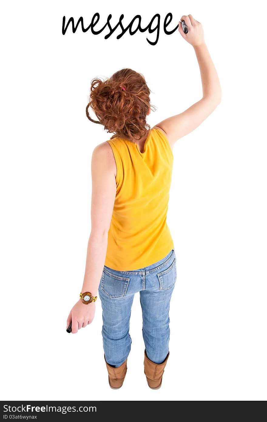 Teen girl write on the white wall