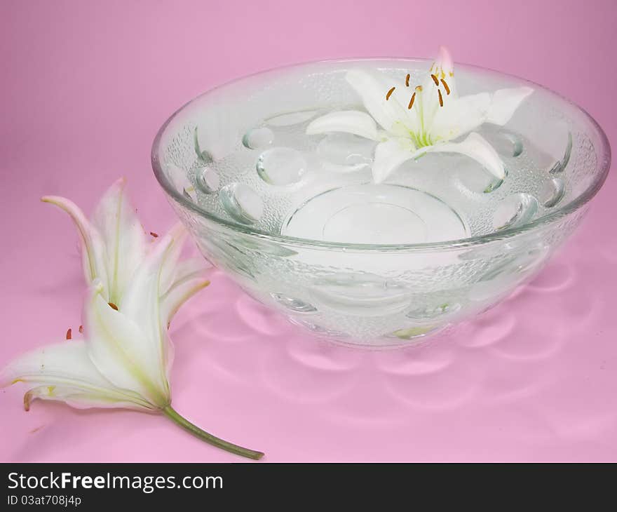 Spa bowl with clean water with lily petals. Spa bowl with clean water with lily petals