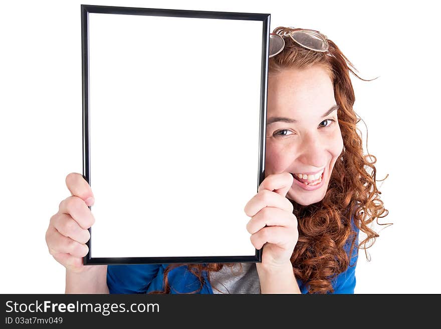 Beautiful teen girl show a table on white background